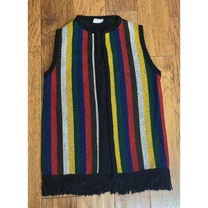 Vintage Sears Cardigan Sweater Vest Striped Fringe Boho Hippie Mod Knit